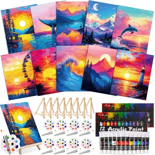 Ctosree 72 Pcs Natural Scenery Paint and Sip Kit for Adults 8'' x 10'' Pre Drawn Canvas for Painting DIY Pre Printed Canvas for Party Favor Afro Acrylic Painting Kit Wood Easel Brushes Bulk - style: Natural Scenery