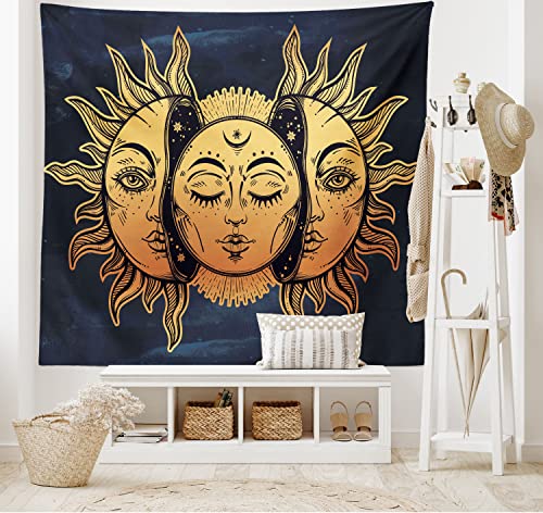Ambesonne Psychedelic Tapestry, Moon and Sun with Many Fractal Faces Celestial Energy Mystic Art Print, Wide Wall Hanging for Bedroom Living Room Dorm, 60" X 40", Blue Orange - color: Blue Yellow, size: 45"L x 40"W