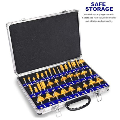 PLATINUMEDGE Router Bits Set, Tungsten Carbide Router Bits Set 1/4 Shank, Router Bit Kit for DIY, Woodworking Project, 35 Piece Set with Premium Aluminum Carry Storage Case - size: 35 Piece - 1/4 Inch Shank