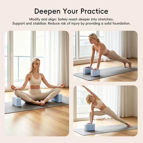 High Density EVA Yoga Blocks 2 Pack, 280g Pro-Level Exercise Brick (46-50 Shore C Firmness), Odor-Free & Non-Slip Foam Props for Yoga, Pilates & Stretching - color: ice blue