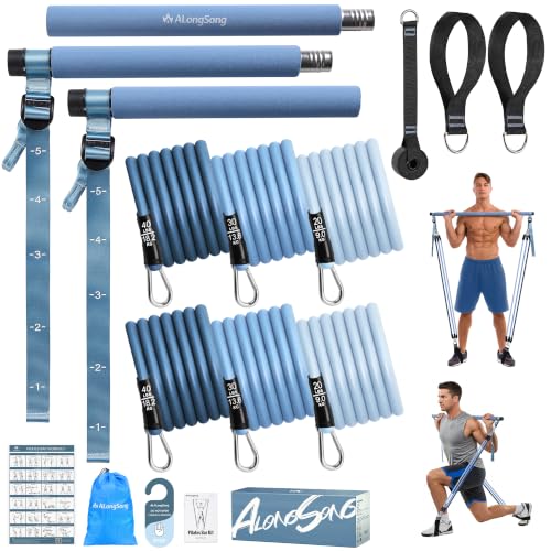 Upgraded Pilates Bar Kit with Resistance Bands Natural Latex for Women & Men, Heavy-Duty Stainless Steel Multifunctional Yoga Pilates Stick for Home Gym Exercise Fitness Equipment Full-Body Workouts - color: Muted Blue