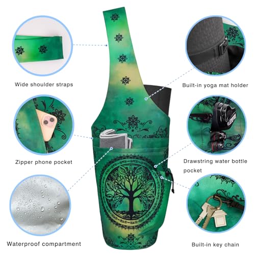 Yoga Mat Bag - Large Opening Long Tote Yoga Mat Carrier Holder Bag with Waterproof Wet Zipper Pocket and Drawstring Water Bottle Pocket - Yoga Bag Fit Most Size Mats - color: Tree of Life Green
