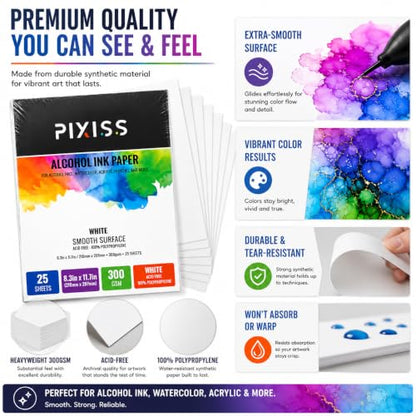 White Alcohol Ink Paper - 25 Sheets Pixiss Heavy Weight Art Paper for Alcohol Ink & Watercolor - Extra Smooth Synthetic Paper A4 8x12 inches, 300gsm - size: 1 Pack | 25 Sheets
