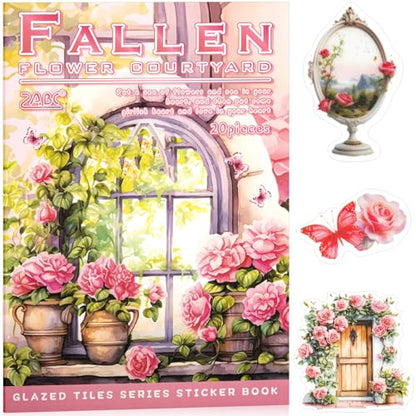 Fallen Flowers Courtyard Sticker Scrapbooking Supplies for Junk Journal, 20 Sheets PET Stickers - Vintage Journaling Stickers, Ephemera Sticker Book Pre Cut(TZ-009-001) - style: Fallen Flowers Courtyard