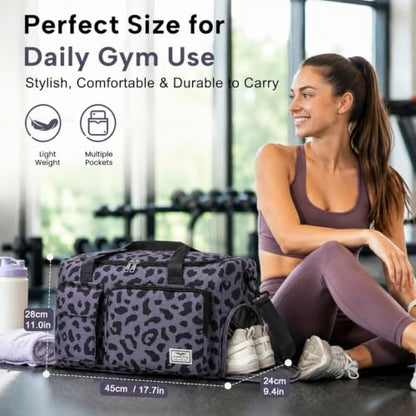 FIORETTO Women's Gym Duffle Bag with Shoes Compartment, 30L Capacity, Ideal for Travel, Gym, Sports, Duffel, Weekender - color: Leopard Grey, style: Gym Bag