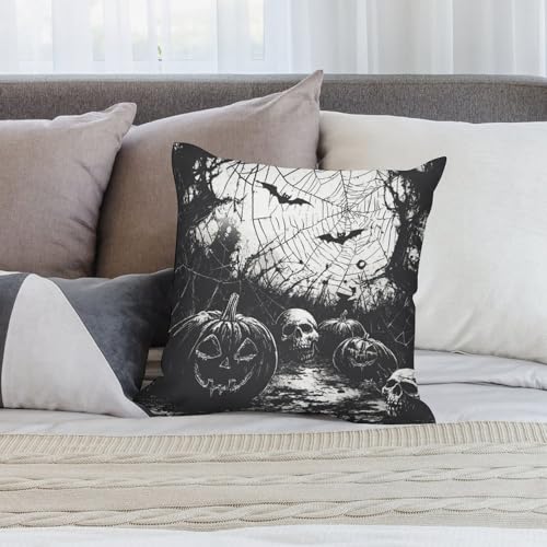 Pumpkins Skulls Spider Web Black White Throw Pillow Covers 18x18 Inch - color: Halloween Pattern Black White