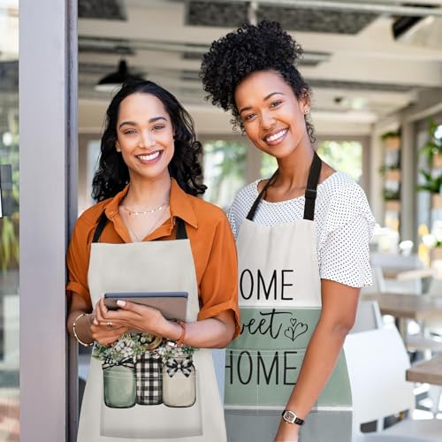 Apron with Pockets, 32x28 inch, 2 Pack, Sage Green | Eucalyptus Leaf Floral Herbs Adjustable Bib with Pockets for Women Men Couple Lovers Chef Home Baking Gardening - color: Cream Green