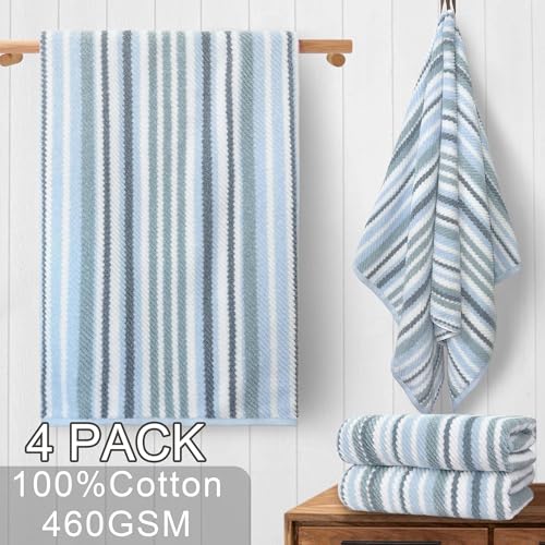 VOOVA & MOVAS Cotton Bath Towels 4 Pack, 100% Cotton, 28x52 in, Blue - color: Gray + Blue Striped, size: 4 PC Bath Towels (28"x52")