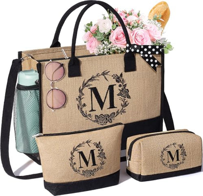 Personalized Birthday Gifts for Women, Monogrammed Initial Jute Tote Bags | Beach Tote Bag & Makeup Bags w/ Zipper, Christmas Women Gifts for Mom Her Friends Sister Coworker Nurse Teacher Appreciation - style: M