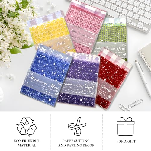 BADAO 90 Sheets Sticker Scrapbook Paper Supplies for DIY | 6 Pack Mesh Fabric Scrapbooking Kits,5.11x7.08Inch Textured Aesthetic Paper Scrap Book Material for DIY Decorative Mixed Set