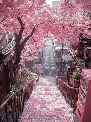 RYMILIE Diamond Art Kits for Adults Cherry Blossom Street 12x16inch | 5D Stress Relief Diamond Painting Kit for Beginners, DIY Full Round Drill Gem Art Crafts for Home Wall Decor Gift - color: DP04066