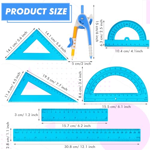 Zonon 1 Set Plastic Geometry Math Set 7 Pcs Includes 6'' / 4 '' Protractor, Drawing Compass, 45/60 Degree Triangle Rulers, 12'' / 6'' Math Ruler Transparent for Office Supplies(Blue) - color: Blue