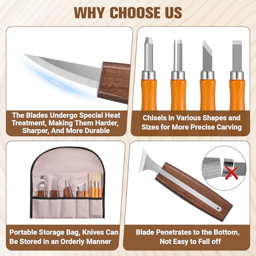 KINGBRO 20 PCS Wood Carving Kit for Beginners, Whittling Kit for Beginner and Kids, Wood Carving Tools with Safety Protection. 8 pcs Whittling Knife Wood Carving Set with 2 pcs Custom Sticker