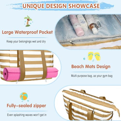 Extra Large Beach Bags for Women, Waterproof Sandproof Beach Tote Bag Foldable Swim Pool Bag with Zipper and Wet Pocket - color: Brown White