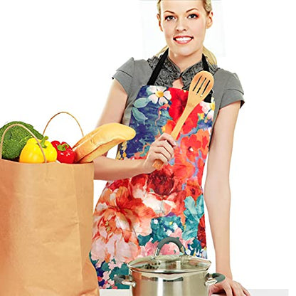 Adjustable Waterproof Apron Bib Apron with 2 Pockets Cooking Kitchen Aprons for Women Men Chef - color: Flowers