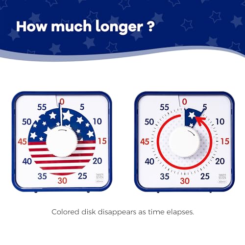 TWENTY5 SEVEN Countdown Timer 7.5 inch; Patriotic 60 Minute 1 Hour Visual Timer, Classroom Teaching Tool Office Meeting, Mechanical Magnetic Countdown Clock for Kids Exam Time Management, Blue - color: National Flag