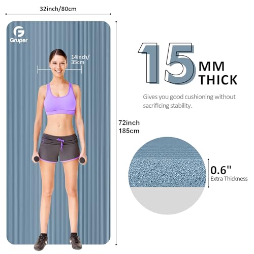 Gruper Yoga Mat Non Slip NBR Extra Thick Yoga Mat, 72"L x 32"/24"W x 0.6"/0.4"TH (185cm x 80cm/61cm x 15mm/10mm), Anti-Tear Exercise Mat with Carrying Strap and Bag, Workout Mats for Yoga, Pilates - color: Grey Blue, size: 72 x 32 x 0.6 inches