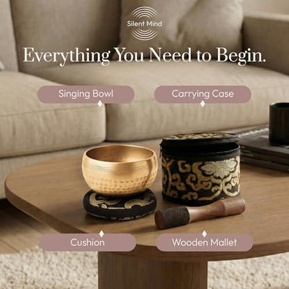 Silent Mind Tibetan Singing Bowl Set – Easy to Play & Beginner Friendly Meditation Bowl with Cushion, Mallet & Case | Stress Relief & Mindfulness | Gift-Ready - color: Beaten Bronze, size: With Case