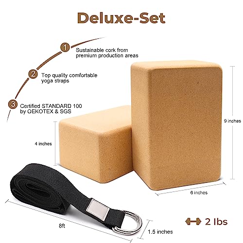 코르크 요가 블록 2팩 세트 - 포르투갈산 천연 코르크, 22.9 x 15.2 x 10.2cm(9 x 6 x 4인치) 요가 블록 미끄럼 방지 및 기울임 방지 여성용 | 남성, 경량, 냄새 방지 | 습기 방지, 완벽한 요가 장비
