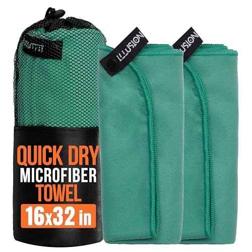 illusion Small Microfiber Gym Towels for Men and Women Active Sports (32" L x 16''W)-Lightweight Quick Dry Gym Towel for Sweat-Workout Towels Ideal for Yoga, Camping, Running, and Outdoor Activities - color: Light Green, size: 32x16 in - Pack of 2