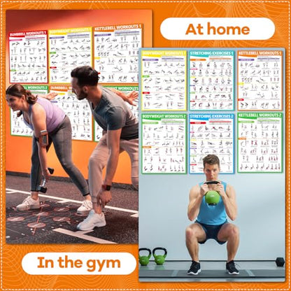 gisgfim 8PCS Workout Posters for Home Gym-Dumbbells, Bodyweight, Stretching, Kettlebell Exercise Chart Full Body Laminated Fitness Training Poster Muscle Engagement Chart Garage Accessories Wall Decor
