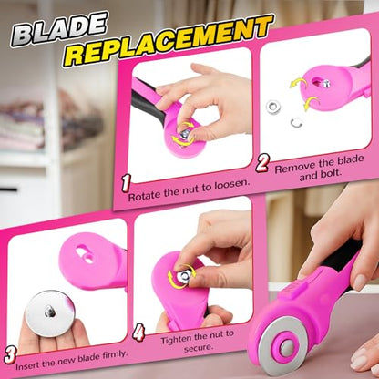 DIYSELF 45mm Fabric Cutter, Rotary Cutter for Fabric with 5 Extra Blades | Ergonomic Handle, Rolling Cutter for Fabric and Leather, Wheel Cutter Sewing Tool for Quilting, Crafts and Ambidextrous Use - color: Pink