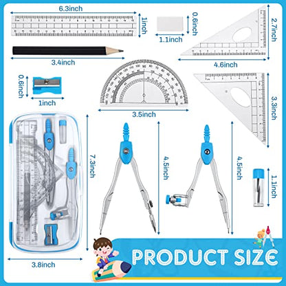 Teling 12 Sets Math Geometry Kit for Students 10 Pcs Compass Geometry Tools Set Includes Rulers Protractor Compass Eraser Pencil Sharpener Lead Refills Pencil (Blue) - color: Blue