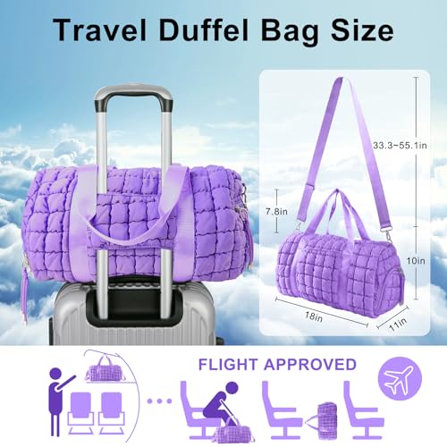 Quilted Travel Duffle Bag Gym Bag for Women,Large Puffer Duffle Weekender Bag with Compartment,Workout Overnight Carry on Organizer Bag Duffle Bag for Airplane Travel(Purple) - color: Purple, size: Medium
