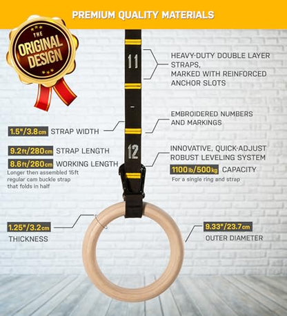 Double Circle Wood Gymnastics Rings with Quick Adjust Numbered Straps and Exercise Videos Guide - Full Body Workout Rings, Calisthenics, Home Gym (Multi-Size) - style: Rings & Straps + Door Anchor + Foot Straps