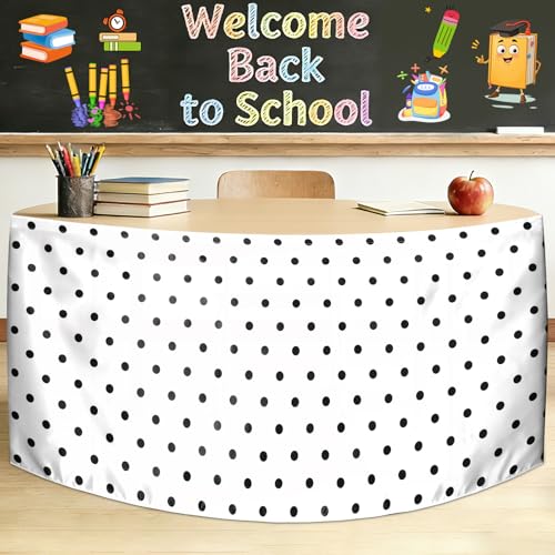 Wiooffen 9Ft Black and White Polka Dot Table Skirt Classroom Teacher Desk Curtain Skirts Tablecloth Rectangle Table Cover Skirt for Back to School Kindergarten Office Bookcase Supplies Painted Dot - style: Painted Dot