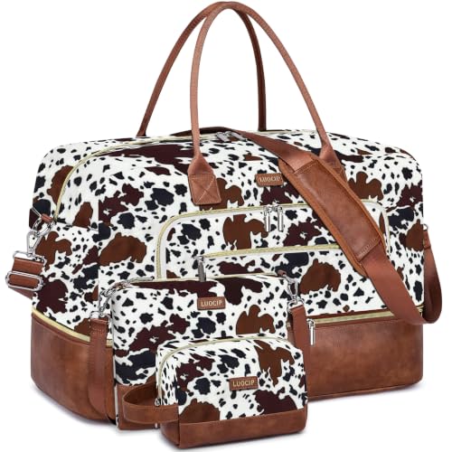 Large Women Travel Weekender Bag: Carry on Duffle with Shoe Compartment | Overnight Duffel Bags with Wet Pocket, Crossbody & Toiletry Bag, 3PCS Womens Traveling Tote Set for Hospital Gym Weekend Trip - color: Brown Cow Print