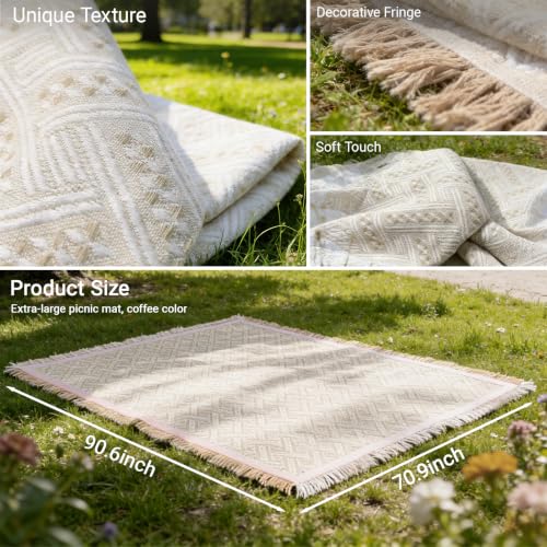 Beige 91×71 Boho Cotton Picnic Blanket, Woven Tassel Outdoor Grass Mat | Large Machine Washable Picnic Blankets for 5 to 7 Adults, Lightweight for Park Picnics, Camping and Backyard Gatherings - color: Beige, size: 91*71INCH