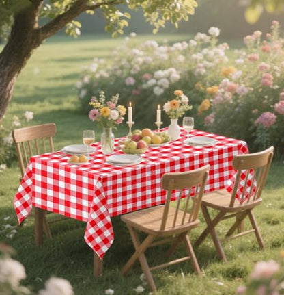 HEIPINIUYE 2 Pack Red Gingham Tablecloth Disposable 54 x 108 Inch Red and White Plaid Plastic Table Cloth Disposable Rectangle Table Cover for Party Birthday Picnic Checkered Tablecloths - color: Red Gingham Tablecloth, size: 2 Pack