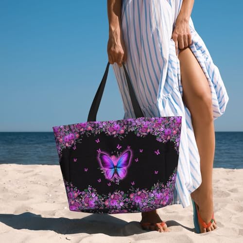 Large Beach Bag for Women Waterproof Foldable Travel Shoulder Tote Bag with Pocket for Weekender Pool Vacation - color: Butterfly Purple