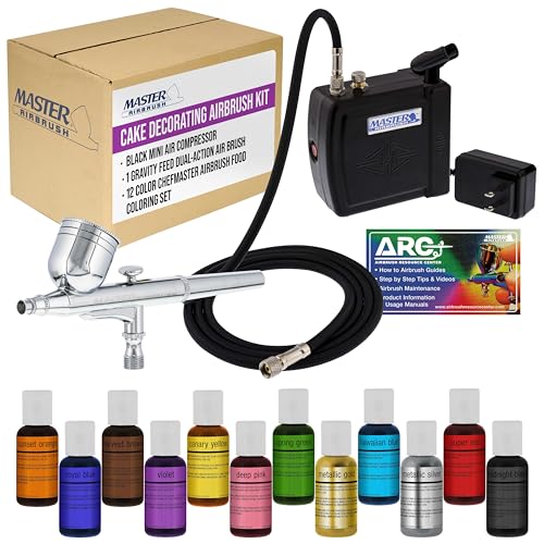 Master Airbrush Cake Decorating Airbrush Kit with Compressor, 12 Color Chefmaster Food Coloring Set, Gravity Feed Dual-Action Air Brush & How-To Manual - Cake Airbrush Kit for Cupcakes, Cookies