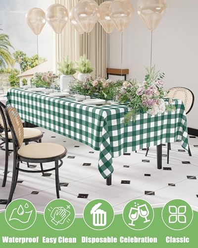 Smiry 8 Packs Gingham Disposable Table Cloth, 54 x 108 Inch Waterproof Plastic Tablecloth, Rectangle Hunter Green and White Checkered Table Covers for Picnic, Birthday, Party - color: Hunter Green and White, size: 54"x108" (Pack of 8)