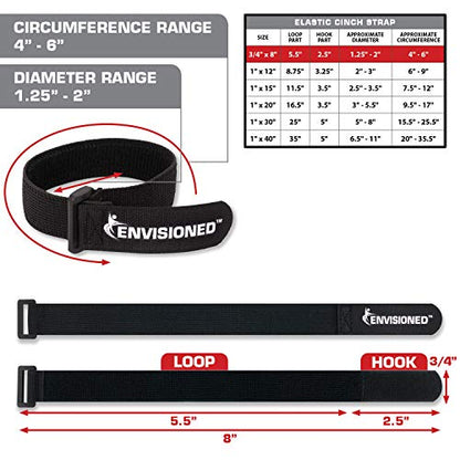 Elastic Reusable Cinch Straps 3/4"x8" - 10 Pack Hook and Loop - Plus 2 Free Bonus Reusable Cable Ties - size: 3/4" x 8"