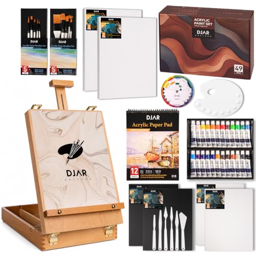 DJAR 49 Pcs Acrylic Paint Set with Tabletop Easel & Canvas, 24 Colors | Complete Art Supplies Kit with Canvas Panels, Brushes and Painting Pads, Painting Set for Kids, Beginners, Adults and artists - style: Tabletop Easel Set