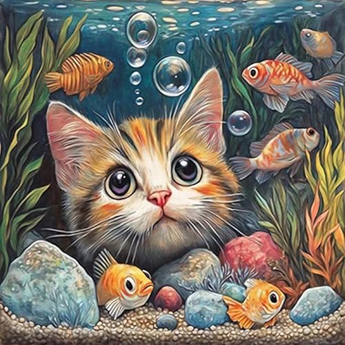 Cat Fish Funny Paint by Numbers Kit for Adults Framed Canvas Frameworkless | Easy Adult Paint by Number Kits on Canvas DIYCat Fish Funny Painting for Beginners Art by Numbers for Home Wall Decor Gift - color: YH03792