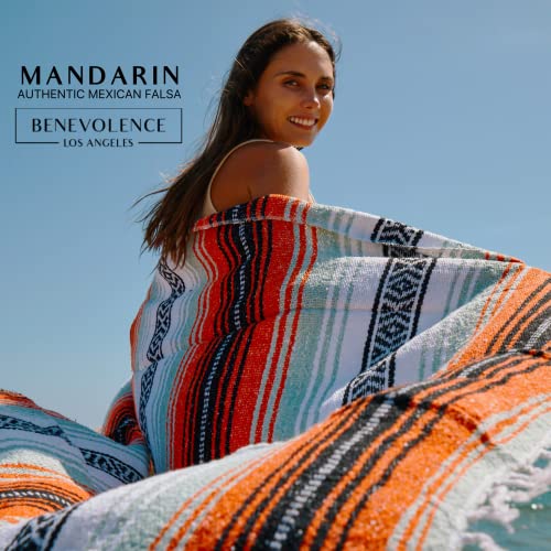 Benevolence LA Authentic Mexican Blanket – Handwoven Falsa Serape Throw – Beach, Camping, Picnic & Yoga Blanket – Lightweight Cotton Throw for Outdoor & Home – Mandarin, 50x70 in - color: Mandarin