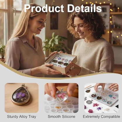 Resin Casting Mold Jewelry Making Kit with 30 Metal Pendant Trays and Silicone Mold, Heart Teardrop Round Oval Square Shapes for DIY Earrings Necklaces Bracelets Crafts Gifts