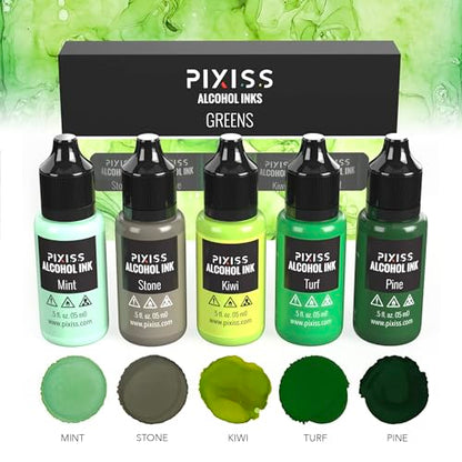 Pixiss Green Alcohol Ink Set - 5 Shades of Highly Saturated Alcohol Ink for Epoxy Resin Supplies, Yupo Paper, Tumblers, Coasters - Resin Colorant for Epoxy Resin and Resin Art Supplies - color: Greens