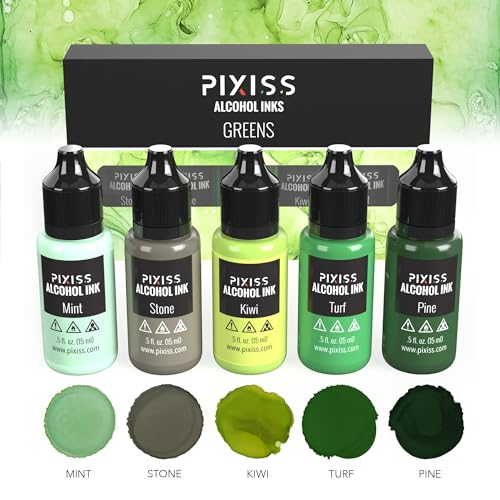Pixiss Green Alcohol Ink Set - 5 Shades of Highly Saturated Alcohol Ink for Epoxy Resin Supplies, Yupo Paper, Tumblers, Coasters - Resin Colorant for Epoxy Resin and Resin Art Supplies - color: Greens