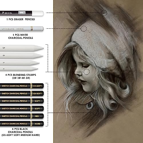 Brusarth Charcoal Drawing Set, 12 pcs Black charcoal pencils | White Charcoal Pencils, Eraser Pencils, Blending Stumps for Drawing, Sketching, Shading, Artist Pencils for Beginners - color: Black