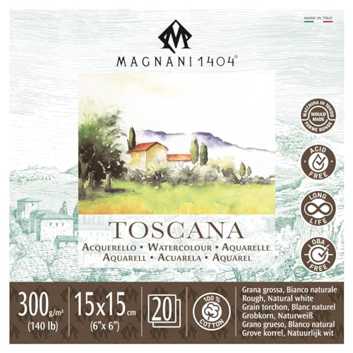 Magnani 1404 Toscana Rough 100% Cotton Watercolor Paper Pad, 20 Sheets, 6x6, 140 lb, Acid-Free, UV Resistant, Deckled Edges, Vegan Sized Water Color Paper for Artists, Made in Italy - size: 6x6" Pad