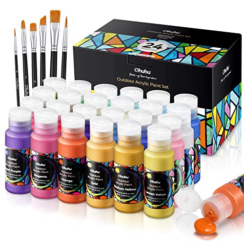 Ohuhu 24 Colors Outdoor Acrylic Paint Set, 2 oz./60ml Bottles for Artist | Beginners 18 Basic& 6 Metallic Acrylic Paints with 6 Brushes for Drawing, Waterproof Rich Pigments on Garden Statues, Woods