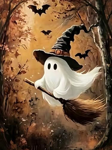 Ghost Diamond Painting Kit for Adults,Halloween Autumn Diamond Art Kit | DIY Full Round Drill Gem Painting Vintage Fall Woods Ghost Paint by Diamonds Relaxing Craft for Home Wall Decor 12x16In - color: KM1292-1