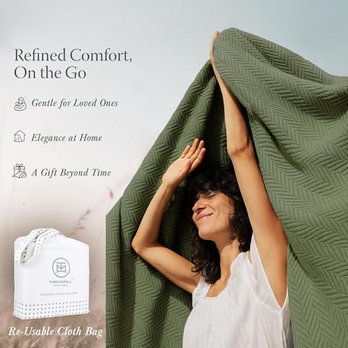 Threadmill Luxury 100% Cotton Twin Herringbone Blanket, Olive | All-Season Thermal Throw Blanket, Soft & Breathable, Cozy Moisture-Wicking, OEKO-TEX Certified, Machine Washable, 68x92 in - color: Olive, size: Twin (68" x 92")