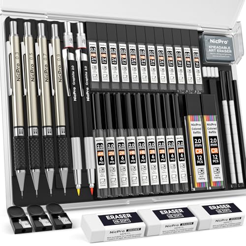 Nicpro 37PCS Art Mechanical Pencil Set, 4PCS Metal Drafting Pencil | 0.3mm, 0.5 mm, 0.7 mm, 0.9 mm & 2PCS 2mm Lead Holder (6B 4B 2B HB 2H 4H Colors) For Sketching Drawing With 23 Tube Lead Case - color: Black, style: 0.3 0.5 0.7 0.9 2.0