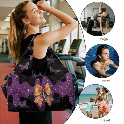 Yoga Gym Bag with Removable Adjustable Shoulder Strap, Shoe Compartment & Top Yoga Mat Holder 17.72x8.66x9.84in - color: Halloween Butterfly Bow Print